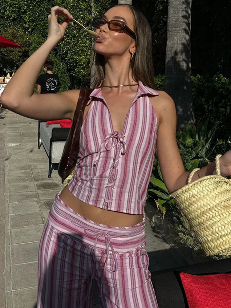 Women Striped Lace Up Vest Pants Set Chic Sleeveless Backless Top High Waisted Trousers Suits 2025 New Lady Streetwear Outfits