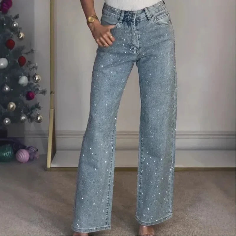 2026 Women Jeans Straight Diamonds Pants Stretch High Waist Washed Mom Jeans Y2k Streetwear Trousers Vintage Denims Streetwear