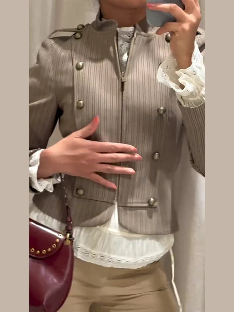 Striped Two Piece Set Women Stand Collar Double Breasted Zipper Blazer High Waist Pants 2026 Lady Spring Commute Fashion Outfit