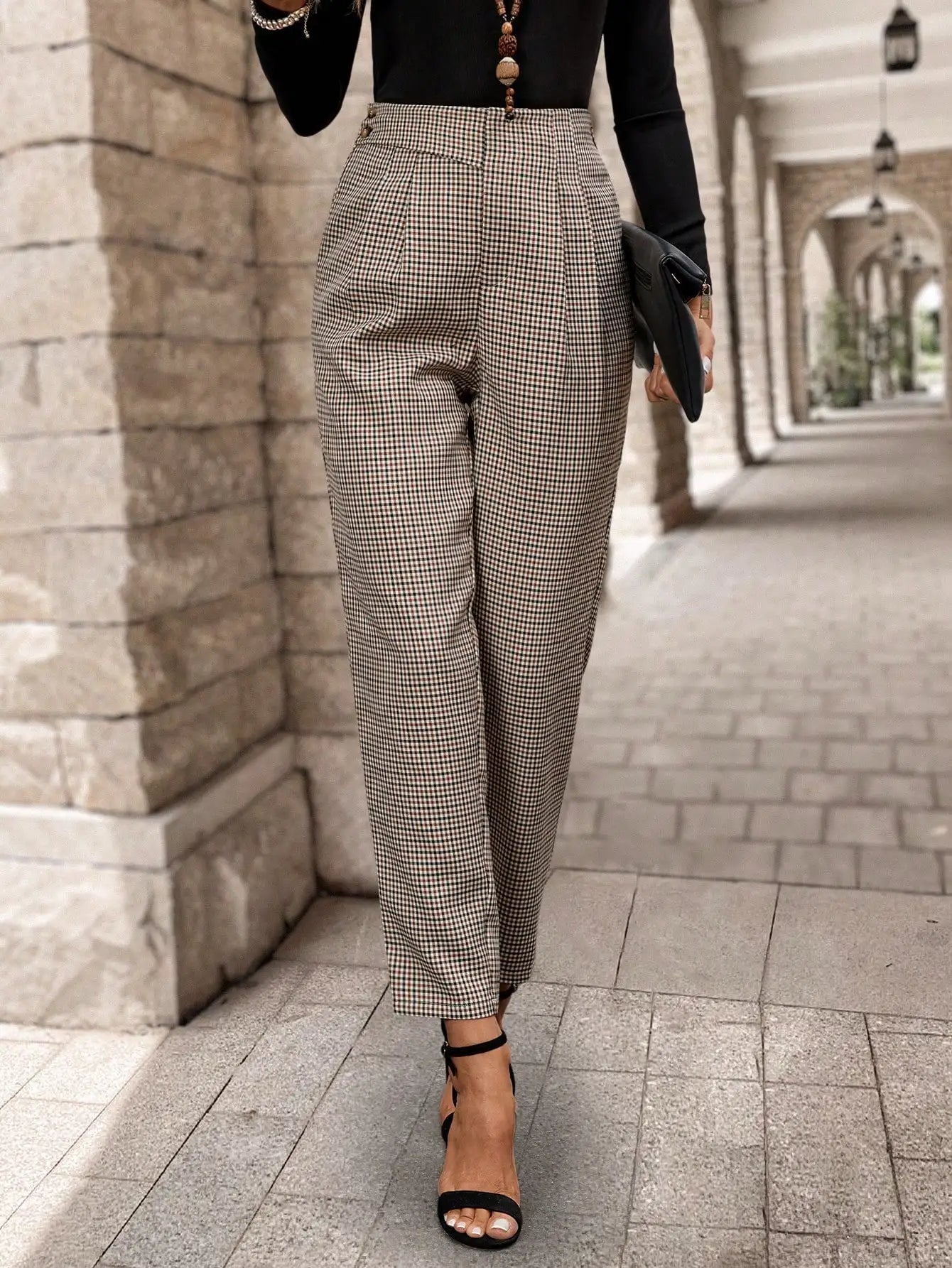Women Houndstooth High Waist Pleated Pants Vintage Tapered Office Casual Trousers