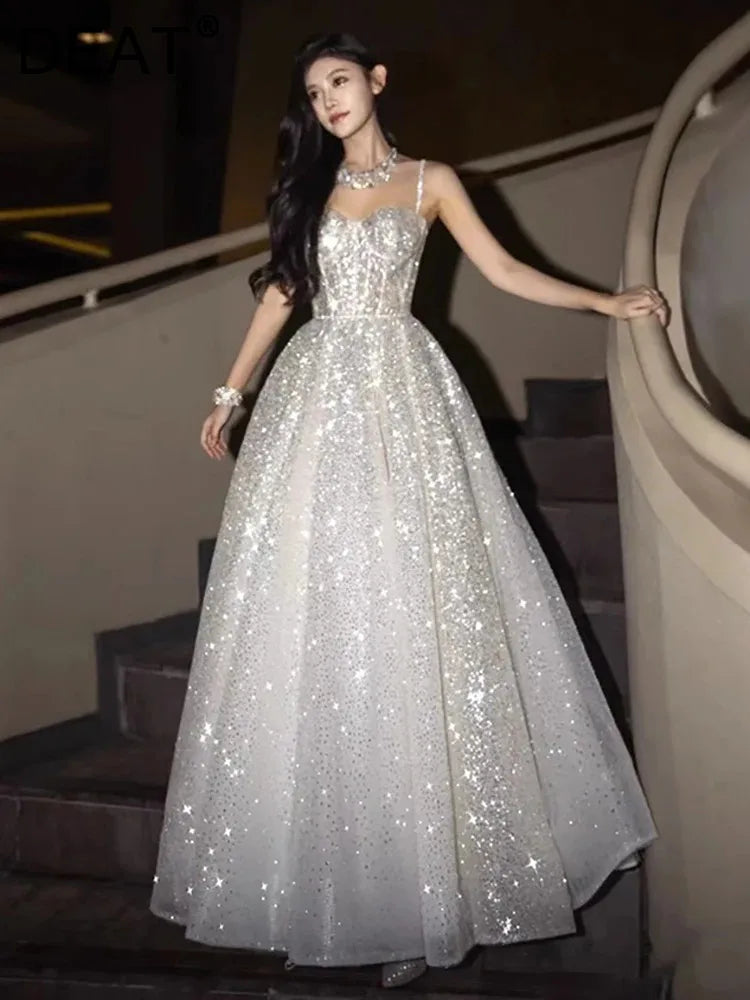 DEAT Fashion Silver Sequined Strapless Dress