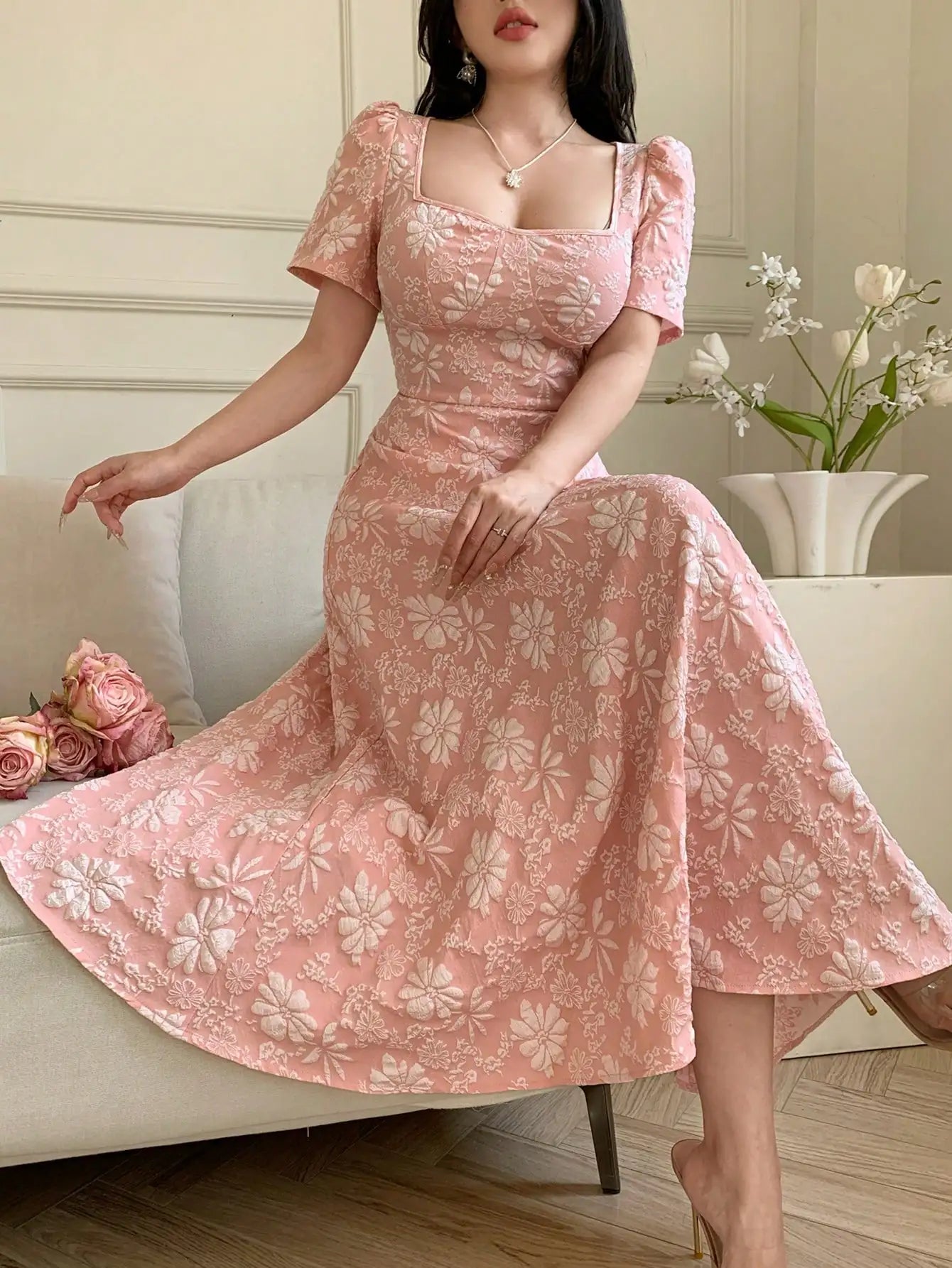 Pink Floral Jacquard A-Line Midi Dress