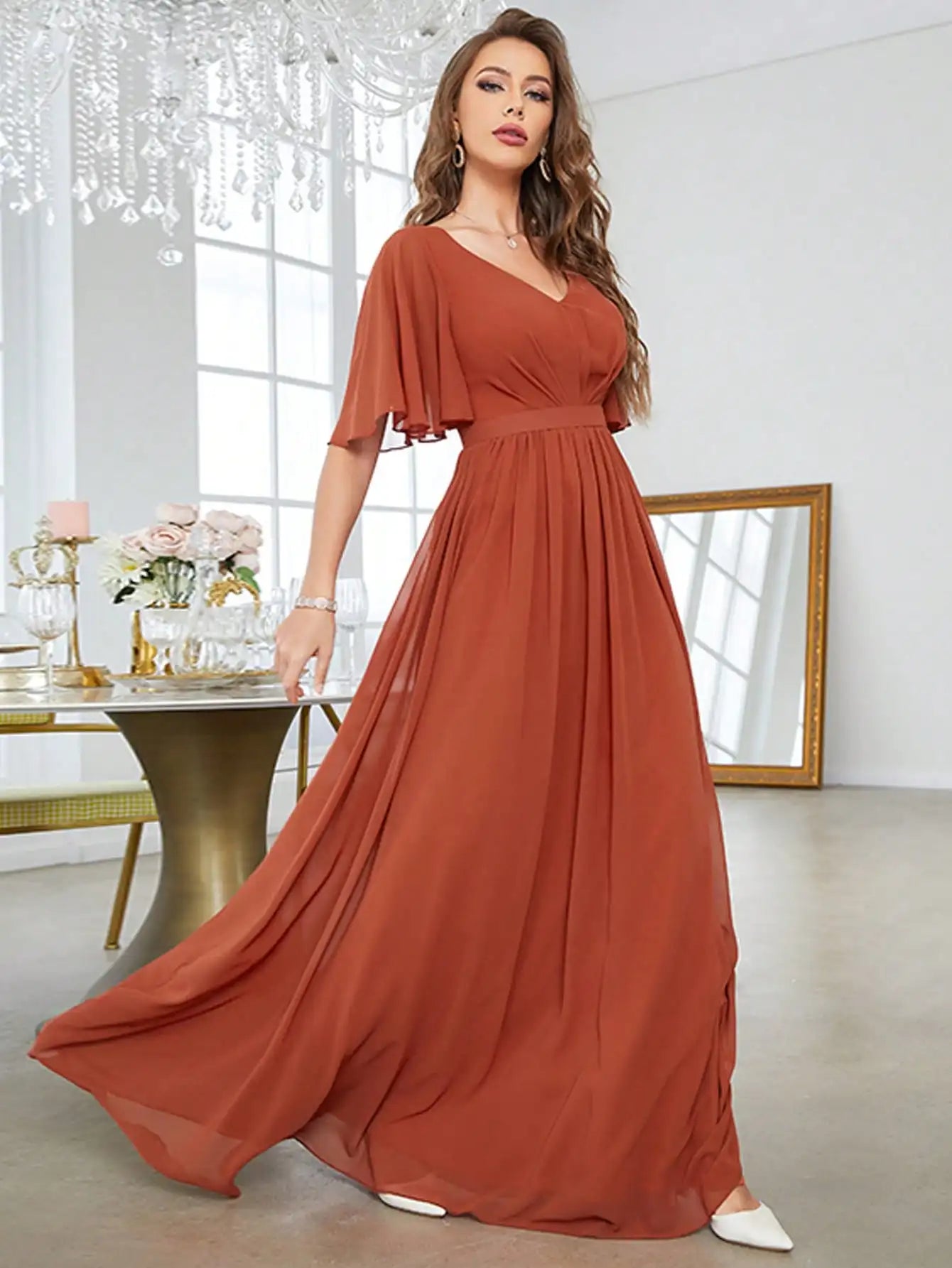Mgiacy V-neck flared chiffon dress