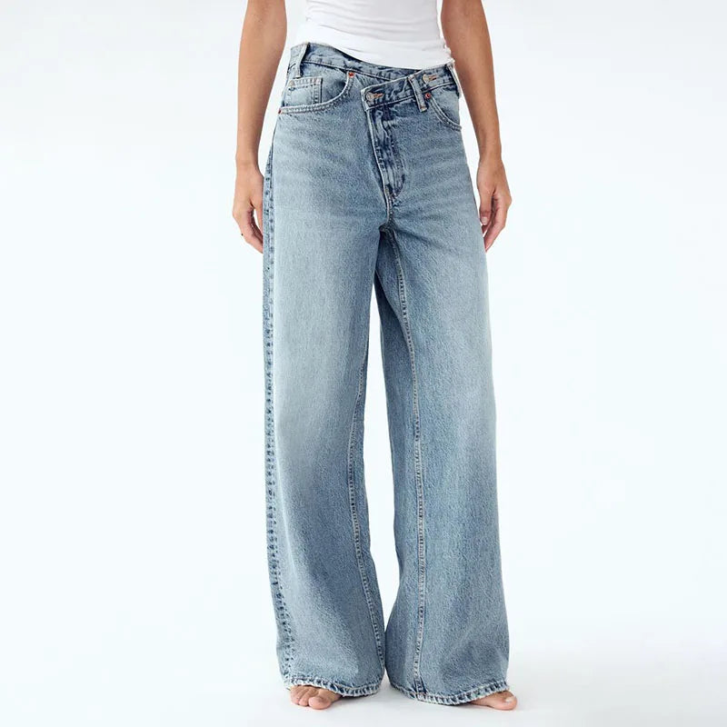 Korean Version Wide Leg Pants With Diagonal Buckle Asymmetrical Street Retro Women'S High Waisted Jeans Loose Casual Pants